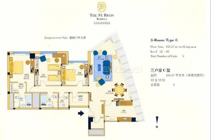 Glamorous 3br apartment rental in St. Regis Residence 4bedroom 169sqm ¥79,000 BJ0001651